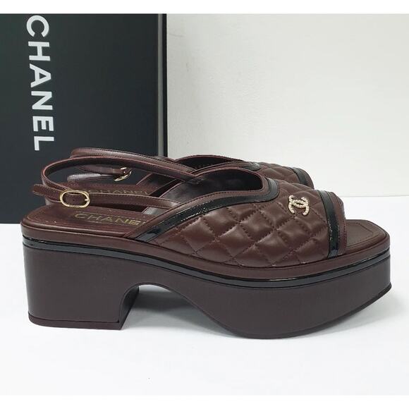 Chanel Burgundy Quilted Platform Slingback Sandals 40.5 - Picture 6 of 11